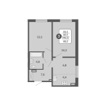 3-комнатная, 48.5 м², жилая: 48.5 м², кухня: 4.4 м²